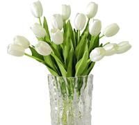 AOLOSA 12pcs White Artificial Tulips Silk Faux Flowers Real Touch for Wedding Bouquet, Home Decor, Party Centerpiece, Table Decor, Mother's Day Easter Spring Gifts
