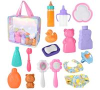 Aolso 18 Pcs Baby Doll Accessories Toy Set, Include Magic Baby Doll Milk Bottle and Dummy, Dinner Plate, Handbags, Comb Mirrors, Bib Shorts and Bathroom Accessories