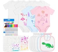 Aolso Baby Bibs for Painting, 6 Pieces Baby Bibs, 6 Pieces Bodysuits for Toddlers with 12 Textile Pens and 22 Painting Stencils, Gift for Boys & Girls Shower Party, Drool Bib (6-9 Months)