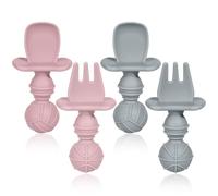 Aolso Baby Fork and Spoon Set, 4 Pcs Silicone Baby Weaning Spoons and Forks, Self Feeding Utensil Easy Grip Toddler Cutlery Kit, Baby Weaning and Feeding Spoon for Infant Toddler Children(Grey/Pink)