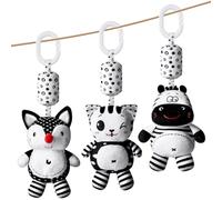 Aolso Baby Pram Pushchair, 3pcs Hanging Rattle Toys, Black & White High Contrast Sensory Educational Newborn Car Seat Toys (Fox/Kitten/Zebra)