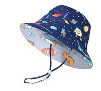 Aolso Baby Sun Hat 50+ UPF, Adjustable Wide Brim Beach Cap for Toddler Boys Girls 1-2 Years - Dinosaur Fisher with Chin Strap (S-48cm)