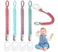 Aolso Dummy Clips Pacifier Chain, 4pcs Dummy Pacifier Chain with 4pcs Clip Adapter, Silicone Ring Adapter, Soother Chain Holder Straps Teething Clip, Teething Toy (Pink/Blue/Green)