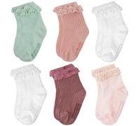 Aolso Girls Frilly Ruffle Sock,6 Pairs Ankle Sock,Soft Comfortable Cotton Toddler Socks,Baby Socks with Non-slip Grip for Girl 0-4 Years-Multicolor-S