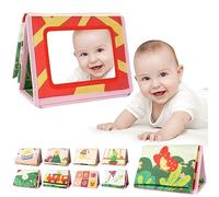 Aolso Infant Tummy Time Soft Books, Tummy Time Mirror Double Sided Activity Book, Newborn Tummy Time Toys for 0 Months +, Includes Baby Safe Mirror, Crinkle Textures and Soft Baby Teether（Animal）