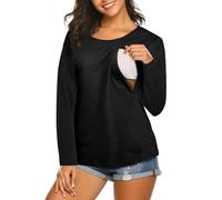 Aolso Women’s Nursing Tops, Long Sleeve Breastfeeding Tops with Hidden Zip, Crew Neck Maternity Top & Tees for Pregnant Women-Black-L