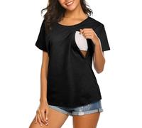 Aolso Women’s Nursing Tops, Short Sleeve Breastfeeding Tops with Hidden Zip, Crew Neck Maternity Top & Tees for Pregnant Women-Black-M