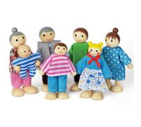 Aolso Wooden Family Dolls Playset of 7 People, Wooden Figures Set for Children Doll house Pretend Gift, Girls in Bun,Family Set for Dolls House Accessories Kids Toy