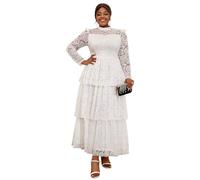 AOMEI Elegant Floral Lace Tiered Ruffle Bridesmaid Dresses for Women Wedding Long Sleeve Mock Neck Maxi A Line Party Dress (White,4XL)