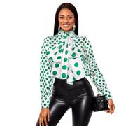 AOMEI Ladies Polka Dot Work Blouses Button Down Bow Tie Front Top Mock Neck Long Sleeve Office Shirts for Women (Green,XL)