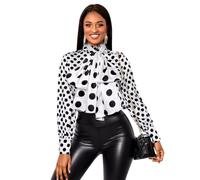 AOMEI Ladies Polka Dot Work Blouses Button Down Bow Tie Front Top Mock Neck Long Sleeve Office Shirts for Women (White,XL)