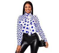 AOMEI Ladies Polka Dot Work Blouses Button Down Bow Tie Front Top Mock Neck Long Sleeve Office Shirts for Women(Blue,L)