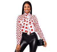 AOMEI Ladies Polka Dot Work Blouses Button Down Bow Tie Front Top Mock Neck Long Sleeve Office Shirts for Women(Red,1XL)