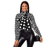 AOMEI Ladies Polka Dot Work Blouses Button Down Bow Tie Front Top Mock Neck Long Sleeve Office Shirts for Women (Black,M)