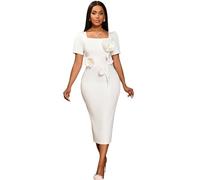 AOMEI Women White Sheath Formal Wedding Dress for Bride Short Sleeve Bodycon Midi Cocktail Evening Dresses with Flower (White,M)