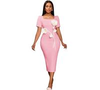 AOMEI Women White Sheath Formal Wedding Dress for Bride Short Sleeve Bodycon Midi Cocktail Evening Dresses with Flower (Pink,S)
