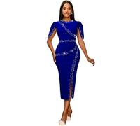 AOMEI Women's Bead Crewneck Puff Sleeve Bodycon Slit Maxi Dress Formal Cocktail Dresses for Women Evening Party Gowns (S,Royal Blue)