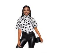 AOMEI Women's Bow Tied Neck Ruffle Trim Button Up Long Sleeve Workwear Shirts Blouse Black Polka Dot, White/Short, 3XL