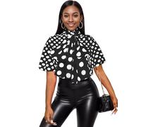 AOMEI Women's Bow Tied Neck Ruffle Trim Button Up Long Sleeve Workwear Shirts Blouse Black Polka Dot, Black/Short, M