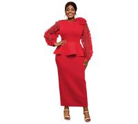 AOMEI Women's Elegant Butterfly Applique Mesh Long Sleeve Peplum Bodycon Formal Evening Party Maxi Dress with Flower(Red,1XL)