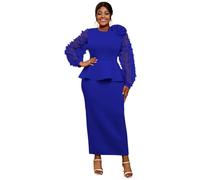 AOMEI Women's Elegant Butterfly Mesh Bishop Long Sleeve Round Neck Peplum Bodycon Evening Party Maxi Dress with Flower(Blue,2XL)