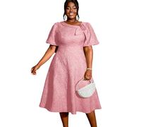 AOMEI Women's Irregular Neck with Flower Short Puff Sleeve High Waist A-Line Jacquard Dress, Pink, 3X