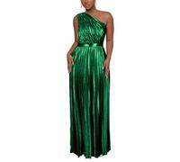 AOMEI Women's Luxury Metallic One Shoulder Sleeveless Elegant Pleated Long Dress, Dark Green, M