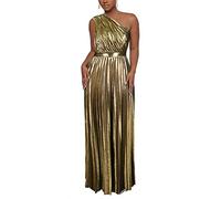 AOMEI Women's Luxury Metallic One Shoulder Sleeveless Elegant Pleated Long Dress, Gold, L