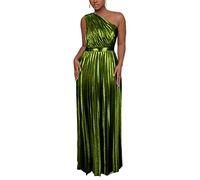 AOMEI Women's Luxury Metallic One Shoulder Sleeveless Elegant Pleated Long Dress, Green, XL