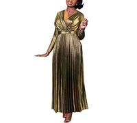 AOMEI Women's Luxury Metallic V Neck Low Back Long Sleeve Elegant Pleated Maxi Dress, Gold, XL
