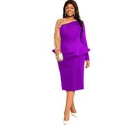 AOMEI Women's Mesh Patchwork Bead Long Sleeve Peplum Bodycon Knee Length Dress, Purple, 4XL