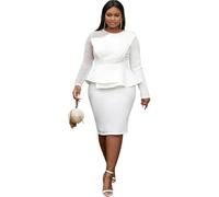 AOMEI Women's Mesh Patchwork Bead Long Sleeve Peplum Bodycon Knee Length Dress, White, L