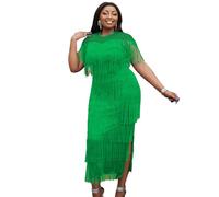 AOMEI Women's Mesh See Through Crewneck Patchwork Tassel Tiered Fringe Long Dress, Green, 3XL