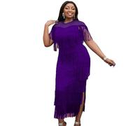AOMEI Women's Mesh See Through Crewneck Patchwork Tassel Tiered Fringe Long Dress, Purple, XL