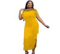 AOMEI Women's Mesh See Through Crewneck Patchwork Tassel Tiered Fringe Long Dress, Yellow, M