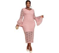 AOMEI Womens Pink Hollow-Out Lace Overlay V Neck Dress Backless Bell Long Sleeves Maxi Sheath Cocktail Evening Dresses (Pink,L)
