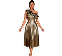 AOMEI Women's Ruffle One Shoulder Metallic Pleated Midi Dress Luxury A Line Formal Evening Party Dresses (Gold,XL)