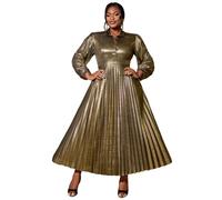 AOMEI Women's Shiny Metallic Button Down Collar Pleated Dress Lantern Sleeve Empire Waist A Line Maxi Formal Evening Dresses (Gold,L)