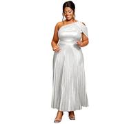 AOMEI Womens Sparkly Metallic Oblique Collar Flowy Pleated Dress One Shoulder Empire Waist Long Evening Gowns (Silver,3XL)