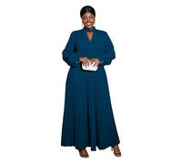 AOMEI Women's Spring Plus Size Long Sleeve A Line Pleated Maxi Dress Ladies Cutout Mock Neck Wedding Guest Church Dresses (Blue,L)
