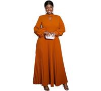 AOMEI Women's Spring Plus Size Long Sleeve A Line Pleated Maxi Dress Ladies Cutout Mock Neck Wedding Guest Church Dresses (Brown,3XL)