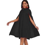 AOMEI Women's Stand Collar Pleated Cape Sleeve Loose Knee Length Dress, Black, Large