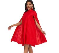 AOMEI Women's Stand Collar Pleated Cape Sleeve Loose Knee Length Dress, Red, XX-Large