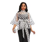 AOMEI Women's Stand Collar Polka Dot See Through Front Tie Peplum Blouse, Transparent, 3XL