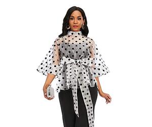 AOMEI Women's Stand Collar Polka Dot See Through Front Tie Peplum Blouse, Transparent, 3XL