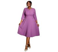 AOMEI Women's Summer 3/4 Sleeve A Line Casual Midi Dress Plus Size Pleated Church Work Dresses with Pockets (Purple,XXL)