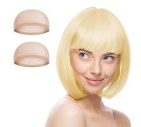 Aomig 3 Pack Short White Gold Bob Wigs Set with 2 Wig Cap, Neon Fancy Dress Accessory Cosplay Party Wig, Synthetic Straight Wig for Daily Halloween