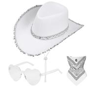 Aomig 3Pcs Cowboy Hat Fancy Dress Accessory, Cowboy Costume Set with Paisley Bandanna and Glasses, Western Cowboy Fancy Dress Costume for Birthday Halloween Bachelorette Bachelor Party Cosplay(White)