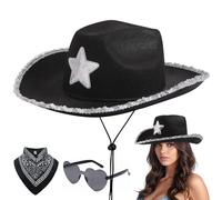 Aomig 3Pcs Cowboy Hat Fancy Dress Accessory, Cowboy Costume Set with Paisley Bandanna and Glasses, Western Cowboy Fancy Dress Costume for Birthday Halloween Bachelorette Bachelor Party Cosplay(Black)