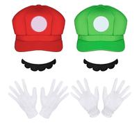 AOMIG 6 Pcs Mario Cosplay Costume Accessories Kits, Baseball Cap Gloves and Beard, for adults, Snapback Mardi Gras, Carnival & Cosplay, Green & Red